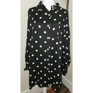* FORENZA Black Polka Dot Oversize Long Sleeve Button Front Tunic Shirt Ladies L